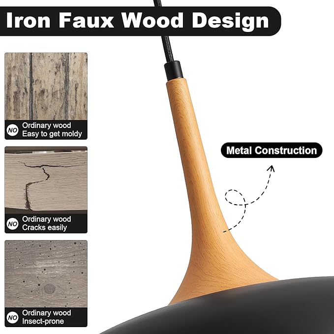 Black Pendant Lights Kitchen Island,Modern Pendant Light Fixtures,Farmhouse Adjustable Hanging Pendant Lighting for Foyer Entryway Hallway Bedroom Dining Room Living Room,Faux-Wood,Small 12.6 inch