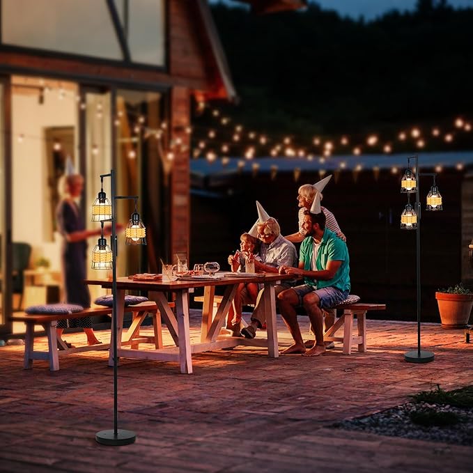 Rattan Boho Rechargeable Cordless Floor Lamp with Remote Dimmable 3 Bulb Edison E26 Brown Warm Light Vintage Standing Lamp for Bedroom,Outdoor,Living Room Rustic,Patio,Farmhouse,60.6" Black