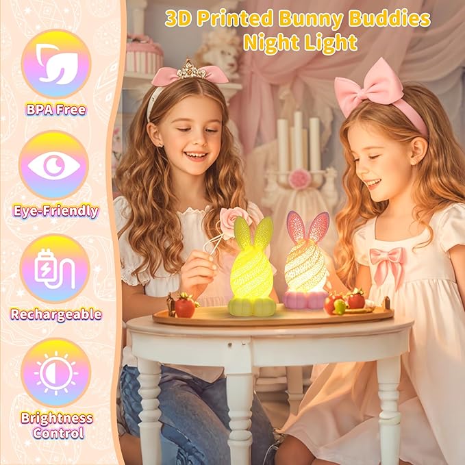Easter Bunny Night Light, Rechargeable & Dimmable 3D Printed Cute Rabbit Lamps, Portable Animal Nightlight for Girls & Boys, Unique Spring Party Favors Easter Basket Stuffers for Kids Teens(Yellow)