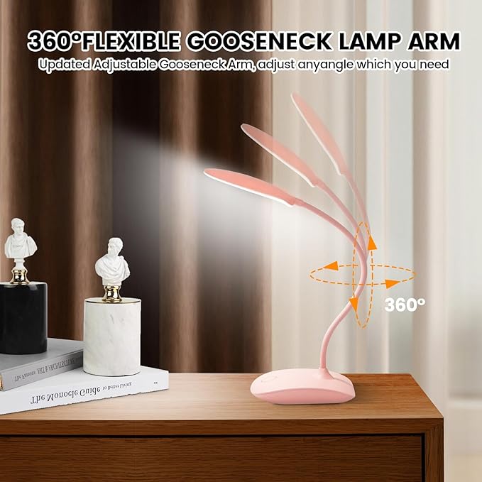 Battery Powered Desk Lamp, Portable Lamps Rechargeable 3 Color Modes Touch Control Stepless Dimming, Wireless Desk Lamp with 2000mAh, Small LED Table Light for Dorm Study Office Bedroom,Pink