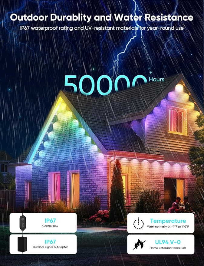 APPECK Permanent Outdoor Lights Pro 200ft, 144W RGBCW Eaves Lights with 144 LED Lights, 80lm, Cuttable, 111 Scene Modes, IP67 Waterproof Lighting for Halloween Decoration, Work with Alexa, Black
