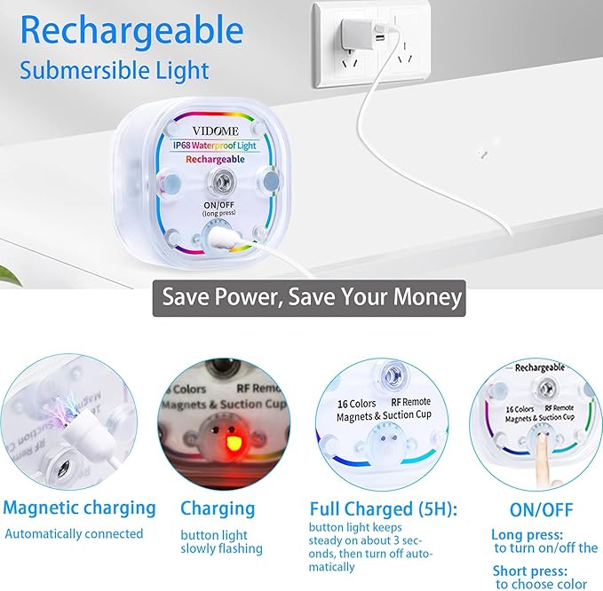 Rechargeable Pool Lights for Above Ground Pools, Led Lights for Inground Pool Waterproof, Submersible Led Pool Lights Underwater with Remote & Suction Cup 16 Colors Magnetic Pond Light 4 Sets