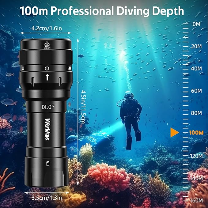 Wurkkos DL07 Diving Flashlight Rechargeable Scuba Dive Light, 3000 Lumens Dive Lights, IPX8 Waterproof, 135 ° Beam Angle Underwater Flashlight High 90 CRI Dive Video Photography Light with Ball Joint