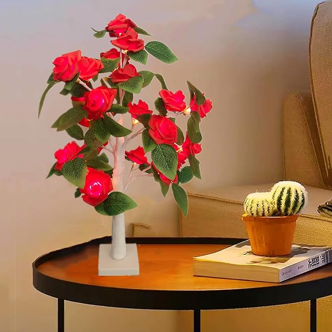 LED Artificial Rose Flower Light Mini Tabletop Light up Bonsai Lamp Indoor Decorative Fake Tree for Fireplace, Bedroom, Party - 21.6Inch Tree for Valentine Women Gifts