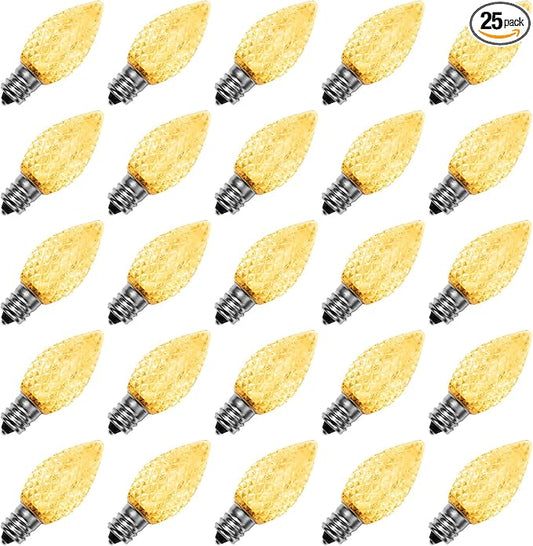 Meconard C7 Led Replacement Christmas Light Bulbs, C7 Shatterproof Led Bulbs for Christmas Indoor Outdoor String Lights, E12 Candelabra Base, Commercial Grade Holiday Bulbs, Warm White, 25 Pack