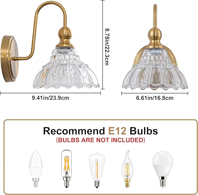 Vintage Bathroom Light Fixtures Over Mirror, 1-Light Brass Wall Sconce Lighting with Flower Glass Shade, Farmhouse Vanity Lights for Bedroom Kitchen Living Room Hallway Light