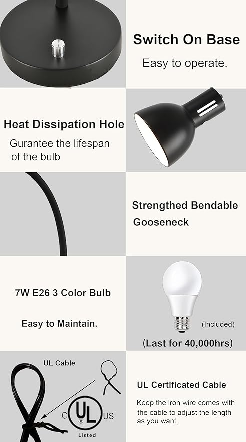 AFORTLO LED Desk Lamp,3 Color Temperature Changeable Table Lamp,Flexible Gooseneck Eye-Caring Book Reading Light for Home Office, Study, Nightlight with Bulb (Matte Black)