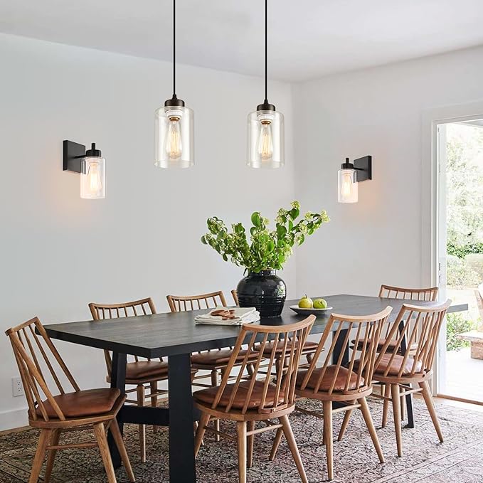 Pendant Light Fixture, 3 Pack Hanging Ceiling Lamp with Clear Glass Shade, Adjustable, Kitchen and Dining Room, Black, 30 x 15 x 22 cm