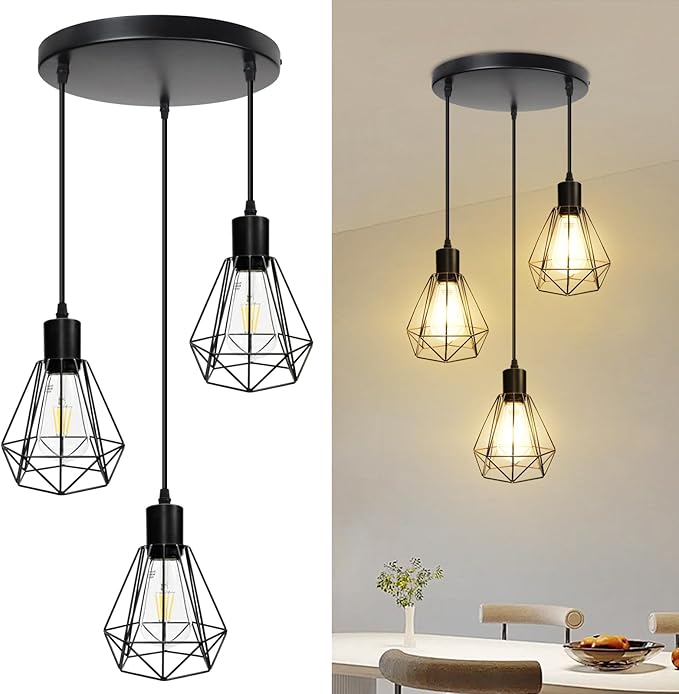 3-Light Pendant Light Fixtures, Adjustable Farmhouse Hanging Light Fixtures with E26 Base, Industrial Vintage Ceiling Lamp for Kitchen Island, Dining Room & Hallway