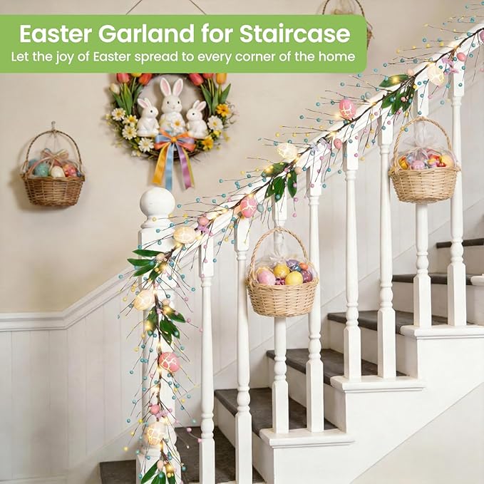 6 FT Pre-Lit Easter Garland with 20 LED Lights & 8 Mode Timer, Mixed Pastel Easter Pip Berry Spring Galand for Mantle Decorations, Lighted Artificial Easter Egg Garland for Fireplace Table Holiday