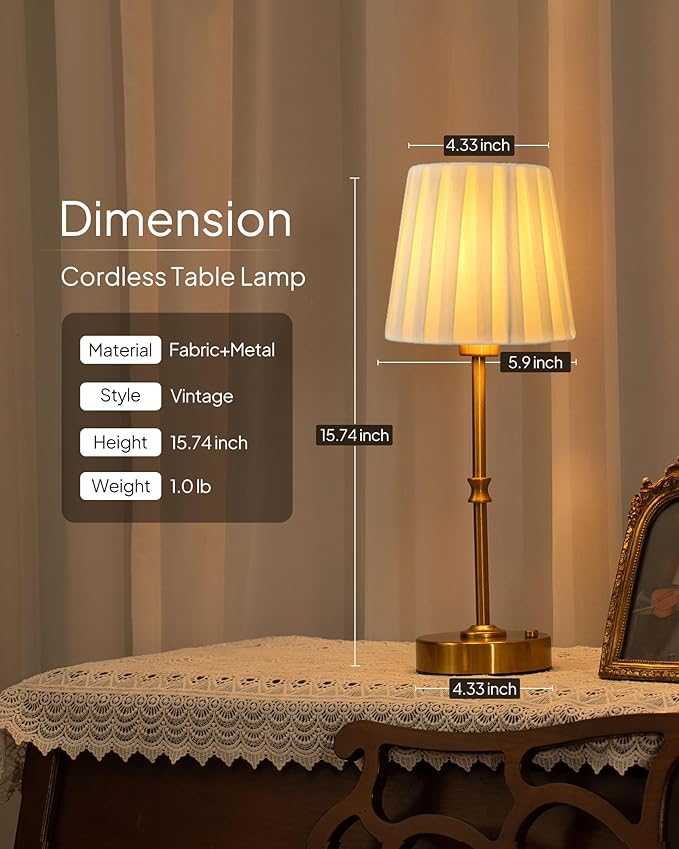 EppieBasic Cordless Table Lamp Rechargeable: Fast Charging & Long Lasting - 2700K Warm Light Vintage Gold Lamps - Dinning Living Room Bedroom - Pleated Shade - 2 Pack