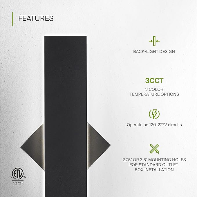 ASD LED 24" Long Wall Mount Light Fixture, Outdoor & Indoor Linear Sconce | 3CCT, Dimmable, Waterproof, Anti-Rust, ETL Listed | 24W 1500LM 3000-5000K 100-277V | Exterior Porch Lighting | Black, 2 Pack