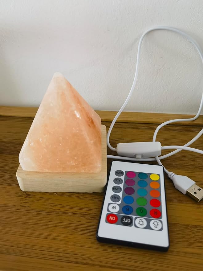 USB Rainbow Gradient Himalayan Salt lamp, Solid Wood Base Atmosphere Decoration Pyramids Salt Light with Remote Control, Natural Crystal Stone Bedside Night lamp, Handmade Crafts.