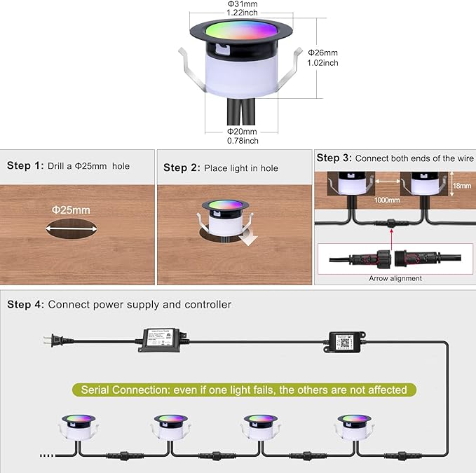 FVTLED LED Deck Lights Kit, Φ1.22 Low Voltage WiFi Pixel RGBW+IC Multi-Color Dynamic Deck Lighting with Remote Control, IP67 Waterproof Outdoor Step Lights DC12V for Garden,Steps,Stair(50 Pack, Black)