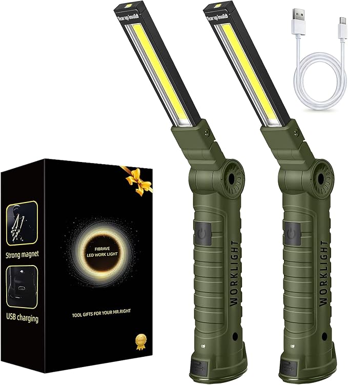 LED Work Light Rechargeable Flashlight, Easter Gifts for Men Him Husband Mechanic Torch Grill Light Inspection Lamp Magnetic Base 5 Modes 360° Rotate Car Emergency Repair 2PCS Green