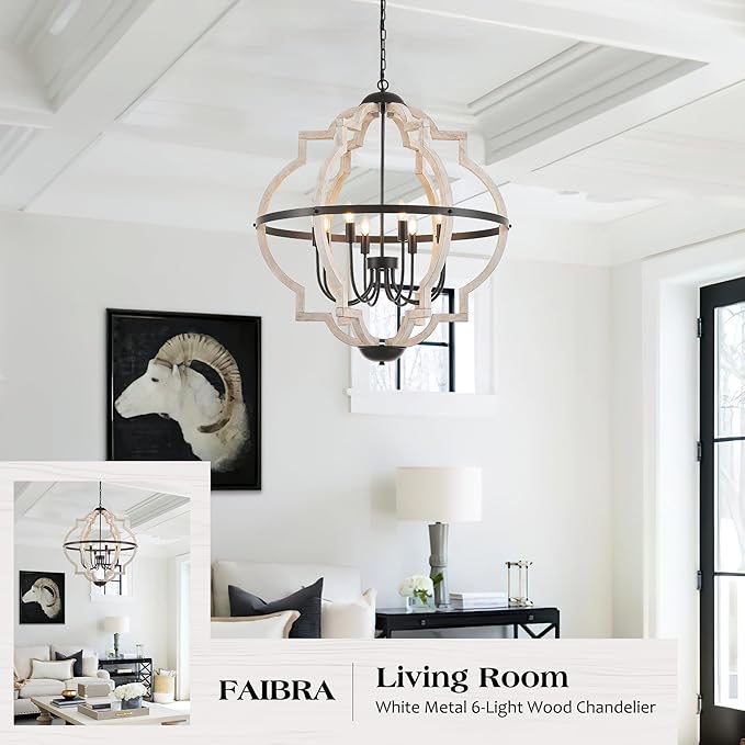 8-Light Wood Pendant Light,31.96'' Vintage Rustic White Wood Chandeliers,Retro Industrial Hanging Light Fixtures for Dining Room Entryway, Bedroom