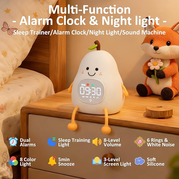 Pear Alarm Clock with Night Light for Kids with Sleep Training Light and White Noise, Rechargeable Silicone Lamp OK to Wake Clock，Cute Tabletop Clock, Perfect Sleep Companion for Boys Girls