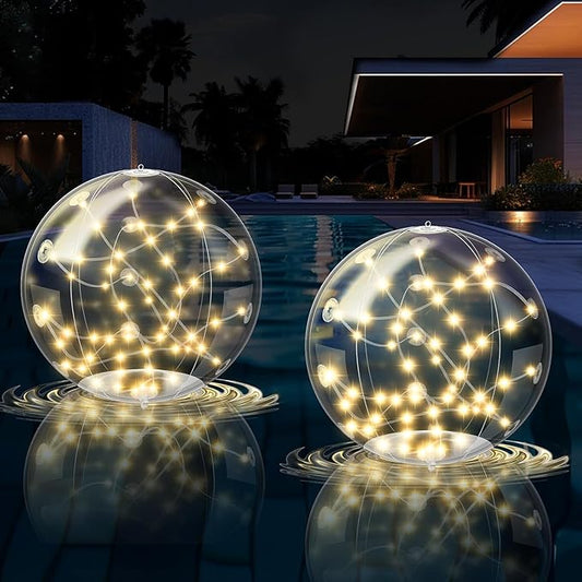 2 Pcs Solar Floating Pool Lights, 3000K Warm White LED Solar Powered Pool Light, IP68 Waterproof, Light Up Balls with Remote Control for Snowy Beach Yard Wedding Party Night Decor