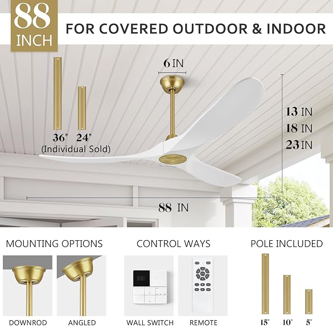 Eliora Ceiling Fan Without Lights 88 Inch Large Fan, Outdoor Ceiling Fan No Lights with Wall and Remote Control, 3 Blade Solid Wood Indoor Outdoor Ceiling Fans for Patios ETL Listed-White gold