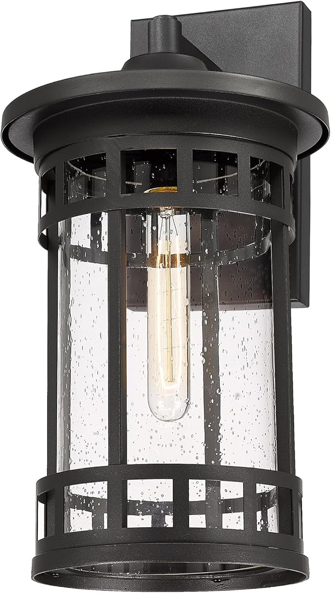 Outdoor Wall Sconce, Farmhouse Outdoor Wall Light with Seeded Glass, Waterproof Exterior Lighting Fixture, Anti-Rust Outside Lantern Lamp for Patio Yard Hallway Doorway Garage (Black,16.7 Inch Height)
