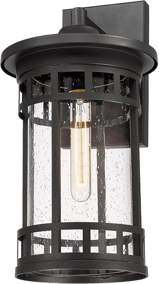 Outdoor Wall Sconce, Farmhouse Outdoor Wall Light with Seeded Glass, Waterproof Exterior Lighting Fixture, Anti-Rust Outside Lantern Lamp for Patio Yard Hallway Doorway Garage (Black,16.7 Inch Height)