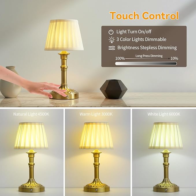 Cordless Table Lamp,Portable Fabric Shade LED Des Lamps,5200mAh Battery Operated,3 Color Stepless Dimming Up,for Restaurant, Bedroom, Camping, Bar, Coffee Shop, Night Light (Bronze)