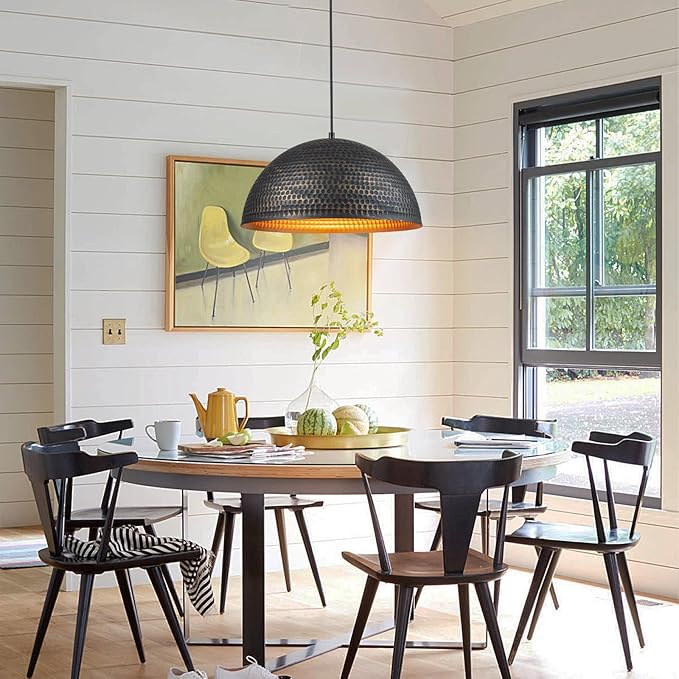 15.7 in. Black and Gold Hammered Pendant Light Fixtures, Industrial Metal Dome Shade, Pendant Lights Kitchen Island, Pendant Light for Kitchen Island and Dining Room