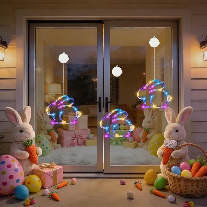 3 Pack Easter Window Lights, Multicolor Bunny Lights, Battery Operated Easter Window Decorations Light up with Suction Cup and Timer Function for Indoor Window Glass Wall Party Decor
