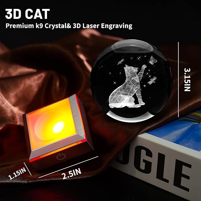 3D Crystal Ball Night Light with LED Colorful Touch Base - Cat Lover Gifts for Women & Teens, 3.15 In Cat Figurines Glass Sphere Lamp for Birthday, Christmas, Home Decor