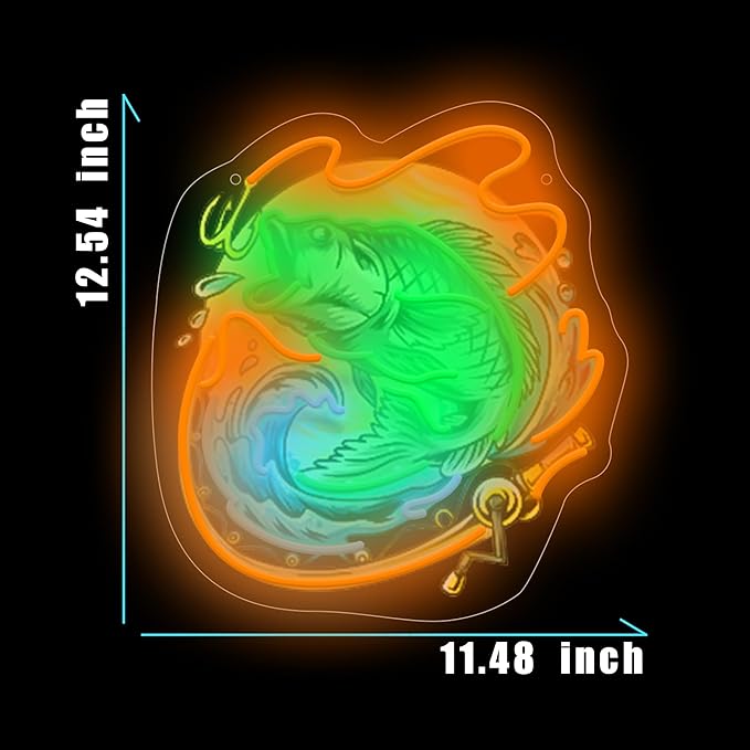 Fishing Neon Sign with Printed Backboard, LED Neon Light for Fisherman Decor, Bass Fish Wall Art for Man Cave, Garage, Bar & Game Room,Fisher Gifts