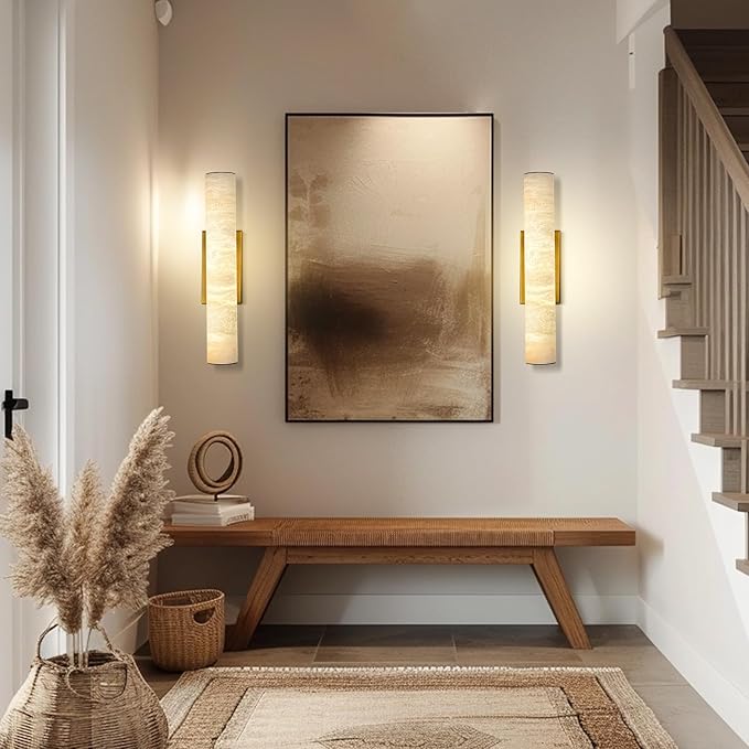 Alabaster Wall Sconces Gold, Spanish Natural Marble Wall Sconce, 20" Brass Wall Sconce for Bathroom, Indoor Stone Wall Sconces Dimmable, Alabaster Wall Light for Living Room, Bedroom, Hallway, Stairs
