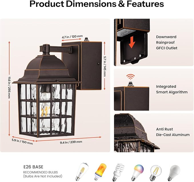 Gleamz Dusk to Dawn Outdoor Porch Light with GFCI Outlet, Farmhouse Oil Rubbed Bronze Gold Trim Exterior Garage Lighting Fixtures Wall Mount for House, Anti-Rust Waterproof Outside Wall Sconce Lantern