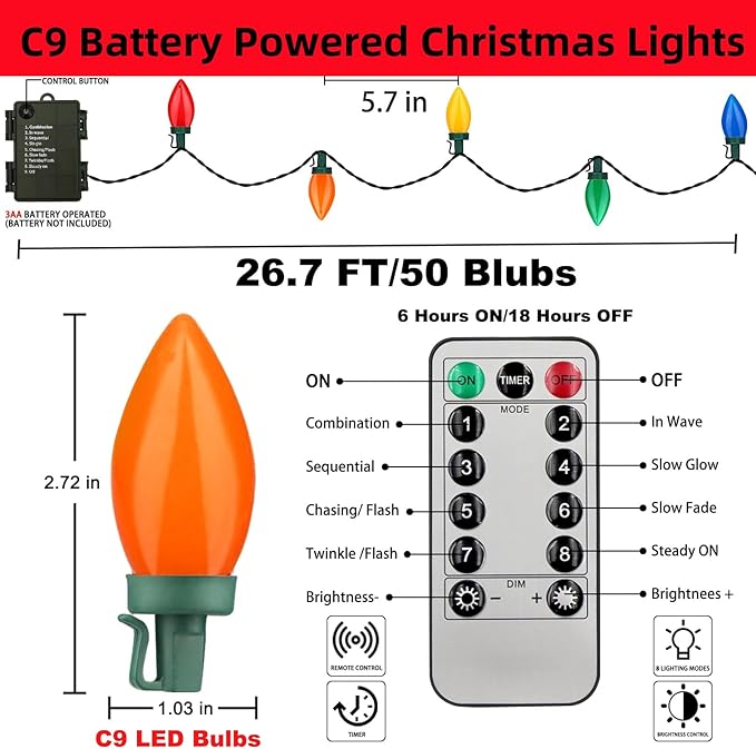 50 LED C9 Christmas Lights Battery Operated 26.5Ft C9 Christmas String Lights Christmas Battery Lights Timer 8 Lighting Modes for Indoor Outdoor Xmas Tree Garden Patio Party Christmas Decor