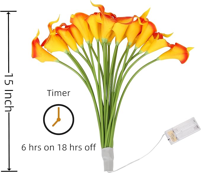 LED Lighted Artificial Flowers Calla Lily Bouquet Lamp 20 stems Real Touch Calla Faux Flower Lights for Valentine's Day Gift and Easter Home Kitchen Wedding Dining Table Decor(Orange, No Vase)