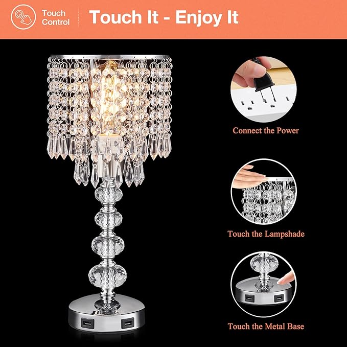 Acaxin Crystal Table Lamps for Bedroom Nightstand - Touch Bedside Lamps with Two USB Charging Ports Silver, 3 Way Dimmable Small Glam Lamp for Girls, Night Stand Lamp for Living Room