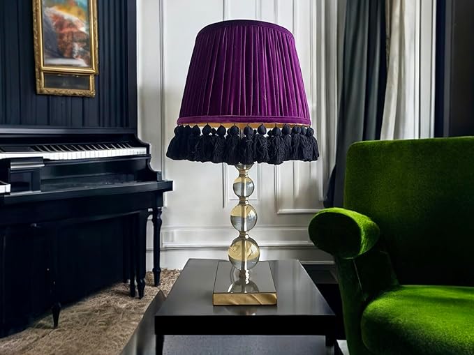 Tristan Home Round Pleated Velvet Lamp Shade with Tassels 10x14x12nches (The Height 12inch Includes Tassels) (Deep Purple Burgundy)