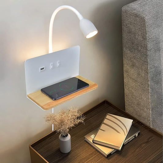 Bedside Wall Sconce with Wireless Charging Station & USB Port, Wall Mounted LED Reading Light with Flexible Gooseneck, 3 Color Temperatures, Plug-in or Hardwired Bed Reading Lamp for Bedroom, White