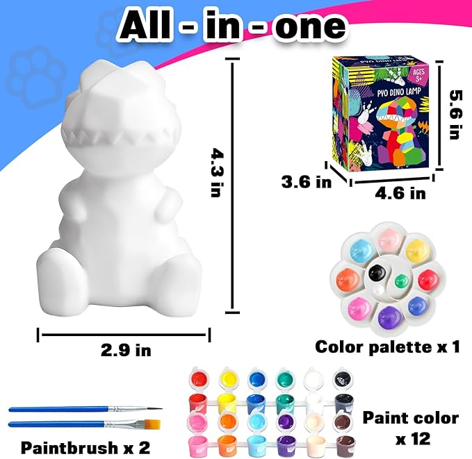 FUNZBO 4.3in Paint Your Own Dinosaur Lamp Kit - Easter Basket Stuffers, Arts and Crafts Supplies Painting for Kids Teens, DIY Night Light Dinosaur Toy for Boy Girl 3 4 5 6 7 8 9 10 11 12 Birthday Gift