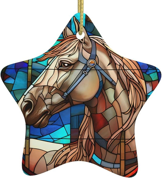 Glass Horse Christmas Ornaments, Christmas Decorations Xmas Tree Hanging Ornaments, Star-Shaped Ceramic Festive Keepsake Gift for Christmas Decorations Holiday Home Party