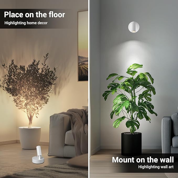 Wireless Led Spotlight Indoor, Plant Spotlight Indoor with Remote Dimmable, 350° Rotate,Uplighting Battery Powered Ceiling Light for Artwork Painting Plant Picture Lights, 2 Pack