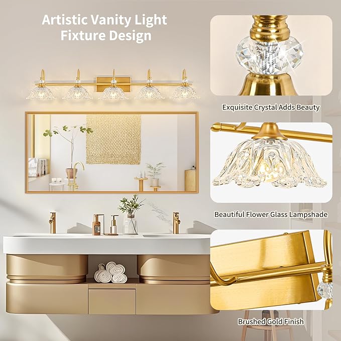 Gold Bathroom Vanity Light, 5-Light Brushed Gold Finish Vanity Light with Floral Clear Glass Shades, Vintage Wall Mount Lighting for Bathroom, Dressing Table