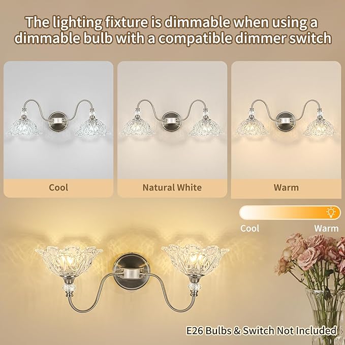 Brushed Nickel Bathroom Vanity Light, 2-Light Vanity Light with Floral Clear Glass Shades, Nickel Wall Mount Lighting for Bathroom, Dressing Table