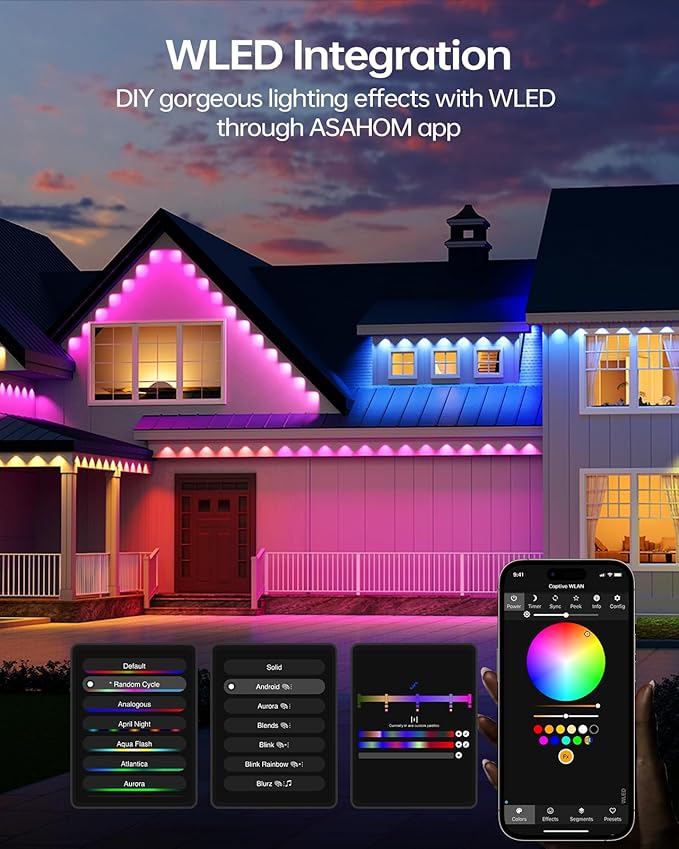 ASAHOM Permanent Outdoor Lights Pro S108E, 300FT with 216 RGBCW LEDs, WLED Integration, AI Lighting, 30000 Lighting Effect Combinations, IP67 Waterproof for Halloween Christmas Daily Decor, White