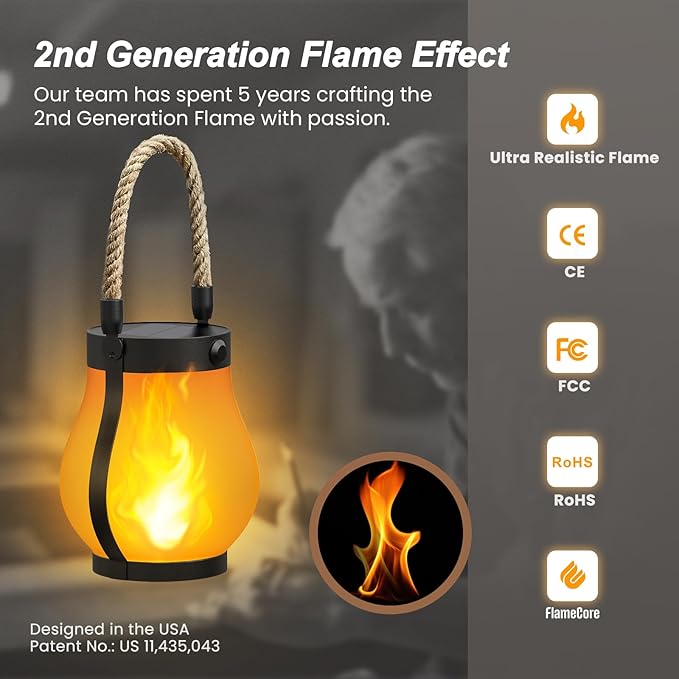 Hompavo Gen2 Solar Lanterns Outdoor with Ultra-Real Flame, Dual Charging (USB/Solar) & 2 Modes - Waterproof Decorative Hanging/Table Lights for Yard Patio Garden Gift Halloween Christmas Decoration, 4