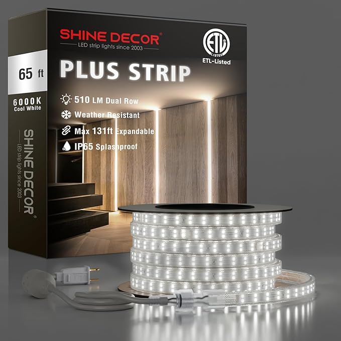 Shine Decor Plus LED Strip Lights AC 120V, Connectable Double Row Bright Rope Light, ETL IP65 Waterproof & Weather-Resistant for Accent Lighting, 7x17mm, 6000K Cool White, 65FT