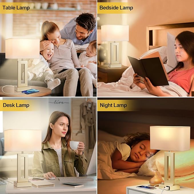 Seealle Bedroom Table Lamps Set of 2 - Touch Bedside Lamps with USB C+A, 3 Way Dimmable Gold Lamp for Nightstand, Modern Night Stands Lamps for Living Room End Tables Desk Bed Side Study Room(16.4n)