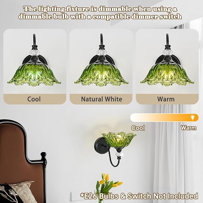 1 Piece Black Wall Sconce with Floral Green Glass Shade, Black Farmhouse Wall Mount Lighting for Bathroom,Vintage Bathroom Vanity Light Fixture