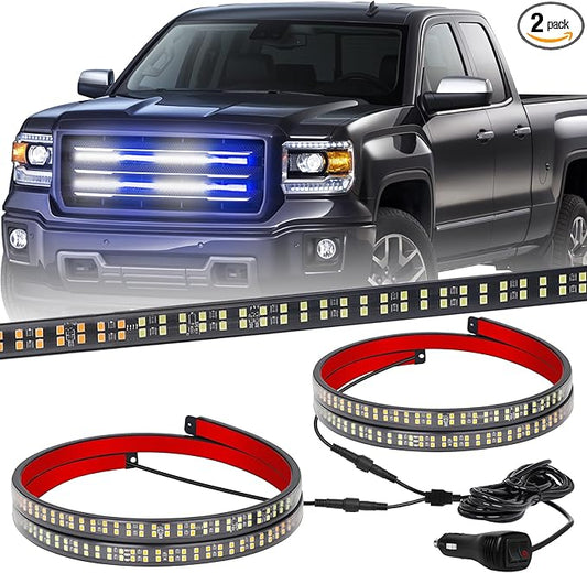 XRIDONSEN 2PCS 24 inch Truck Blue White Emergency Grill Lights Strip 288 LED Grille Strobe Lights Flashing Warning Safety Waterproof First Responder Lights for Firefighter Police Vehicles Fire Trucks