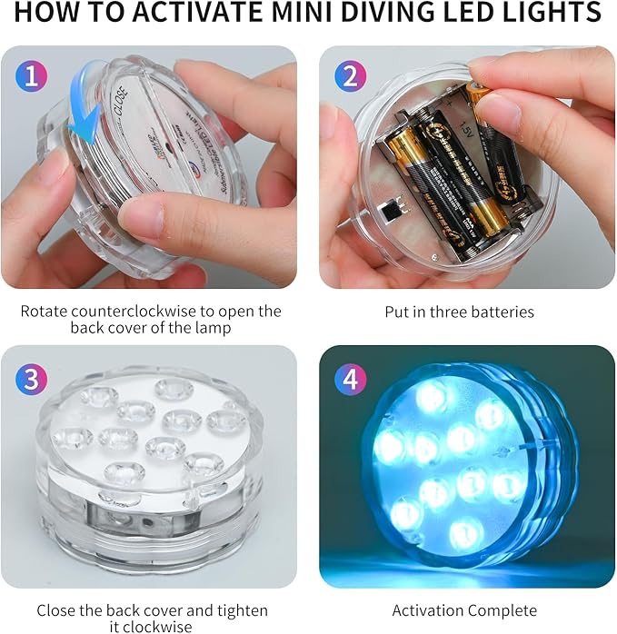 Submersible Lights - 4-Pack Battery-Powered Waterproof IP68 Lights with Remote Control for Pools, Ponds, Hot Tubs, Aquariums, Yacht, Boat, Parties & Decorations