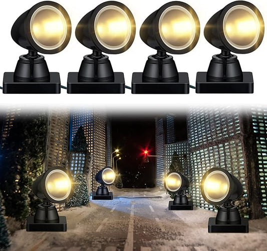 Kingdder 4 in 1 Accessories for Villages Building Light Christmas Village Collection Round Spotlights Battery Operated LED Light with Switch for Christmas Landscape(Warm White,4 Pcs)